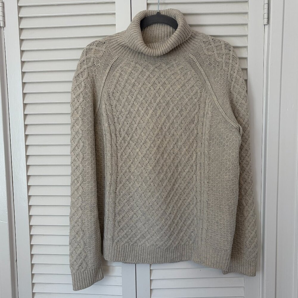 Vince women's turtleneck sweater cableknit large oatmeal taupe beige wool yak